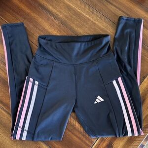 Adidas Girls Black Leggings with Pink & Light Pink Side Stripes, Size Medium